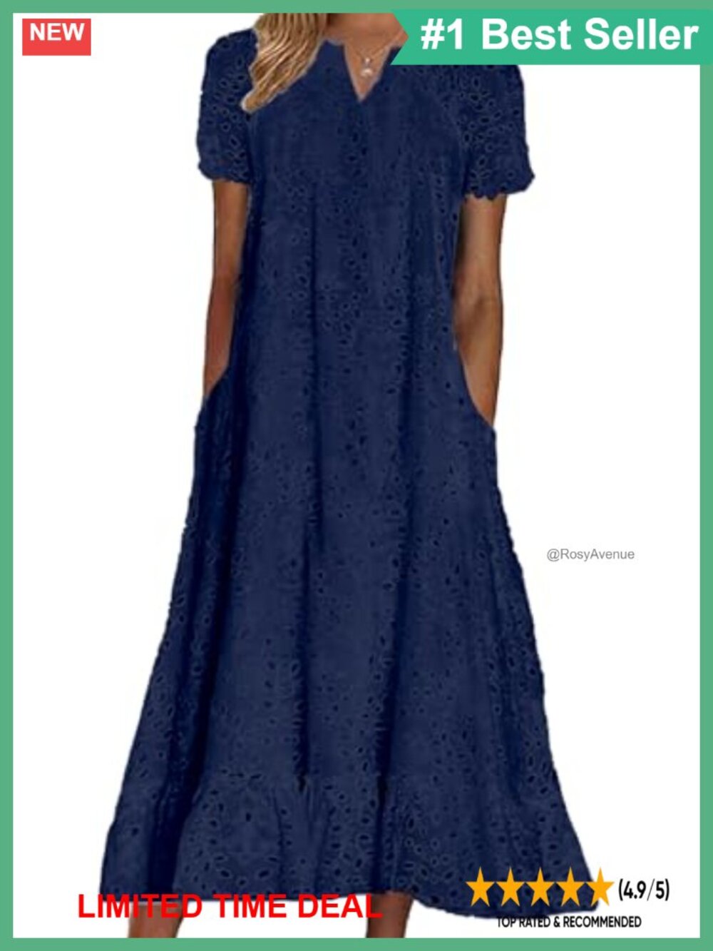 Ruffle Hem Floral Lace Eyelet Midi Tunic Dress with Pockets